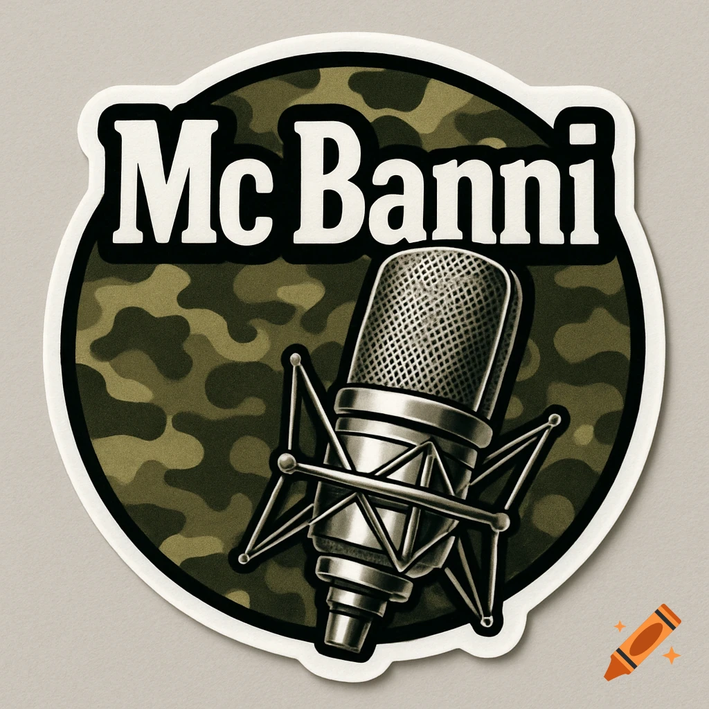 An illustrated sticker featuring a studio microphone on a camouflage background, with the text 'Mc Banni' above.