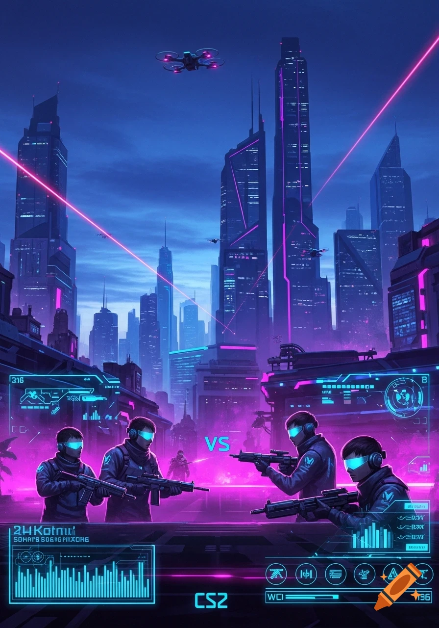 A neon-lit futuristic city scene with two teams of soldiers wearing glowing visors, holding rifles, depicted in a video game-like UI, with flying drones and skyscrapers.