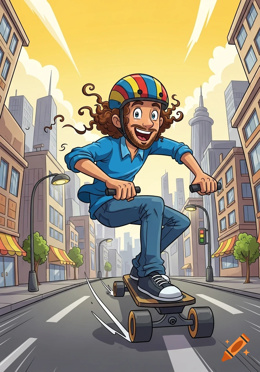 A cartoon man with curly hair and a colorful helmet rides a skateboard down a city street.