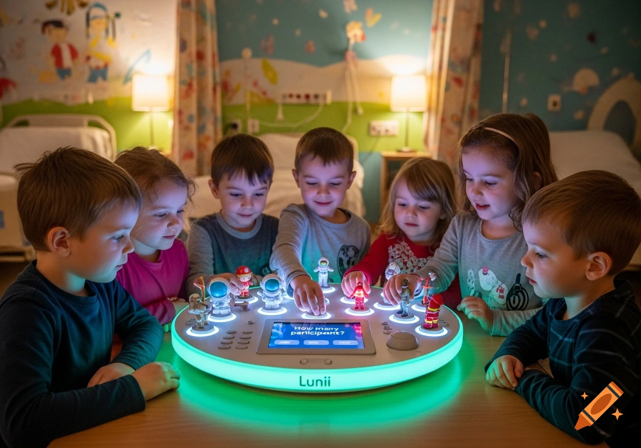 Six young children gathered around an interactive, glowing Lunii game console with figurines, intently playing in a well-lit room.