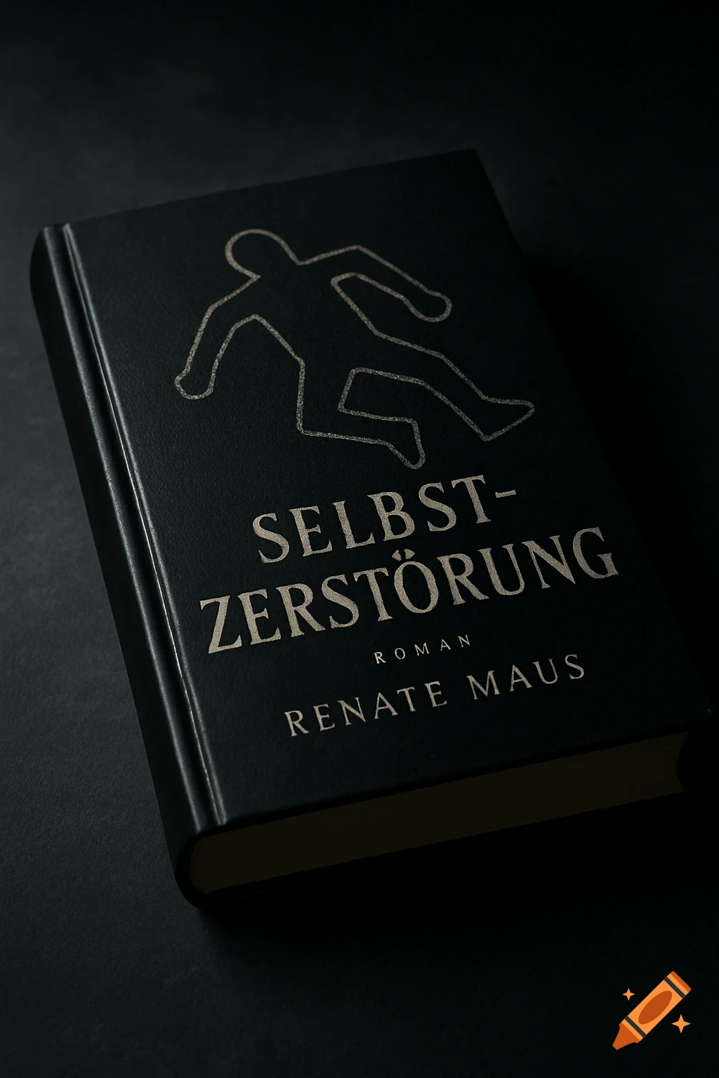 Black book cover with a chalk outline of a body and the title "Selbstzerstörung" by Renate Maus, lit dramatically.