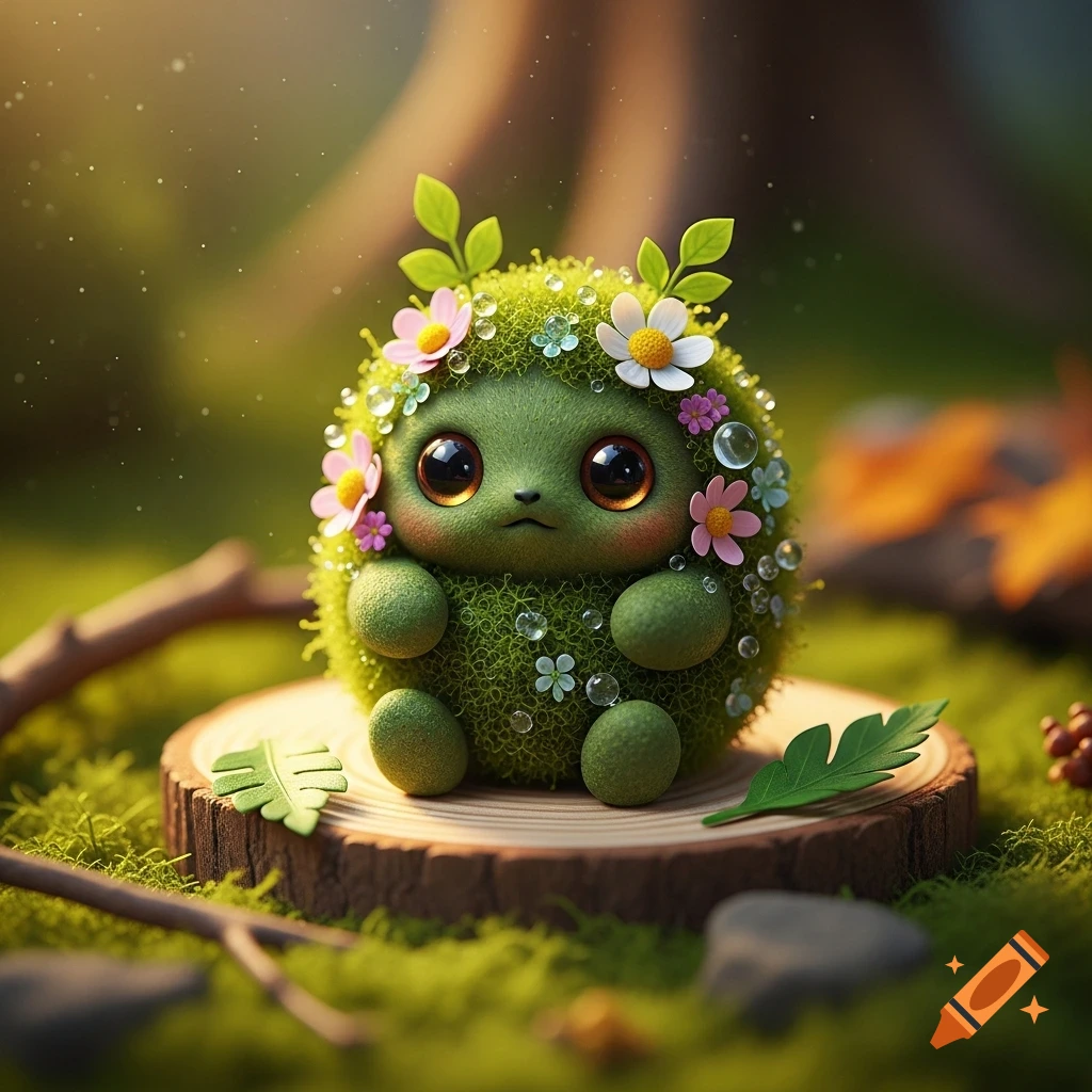 A cute, round, mossy forest spirit creature with big shiny eyes, decorated with tiny pink and white flowers, sitting on a wooden log in a lush, enchanted forest.