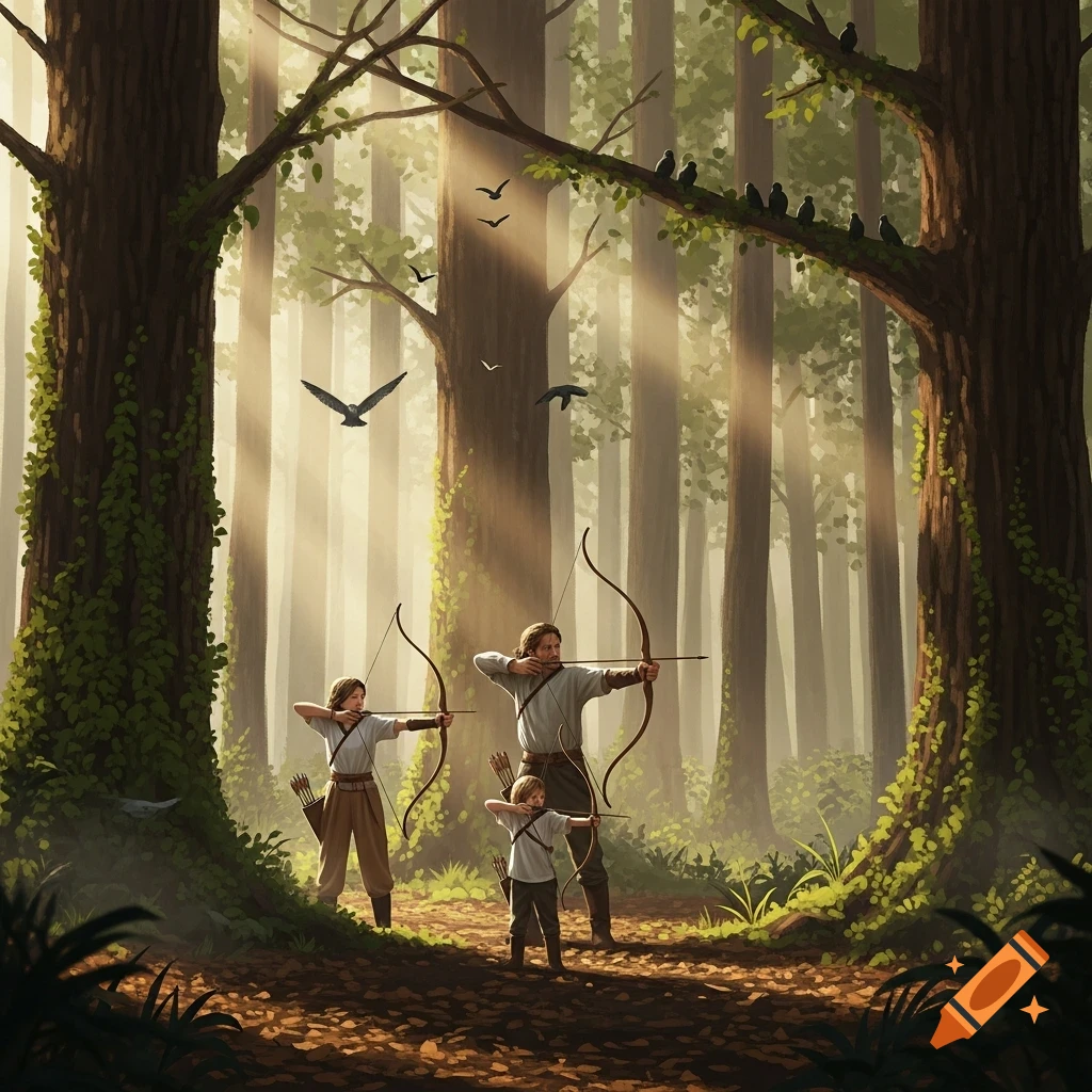 A family of three, an adult and two children, practice archery in a sunlit, stylized forest.