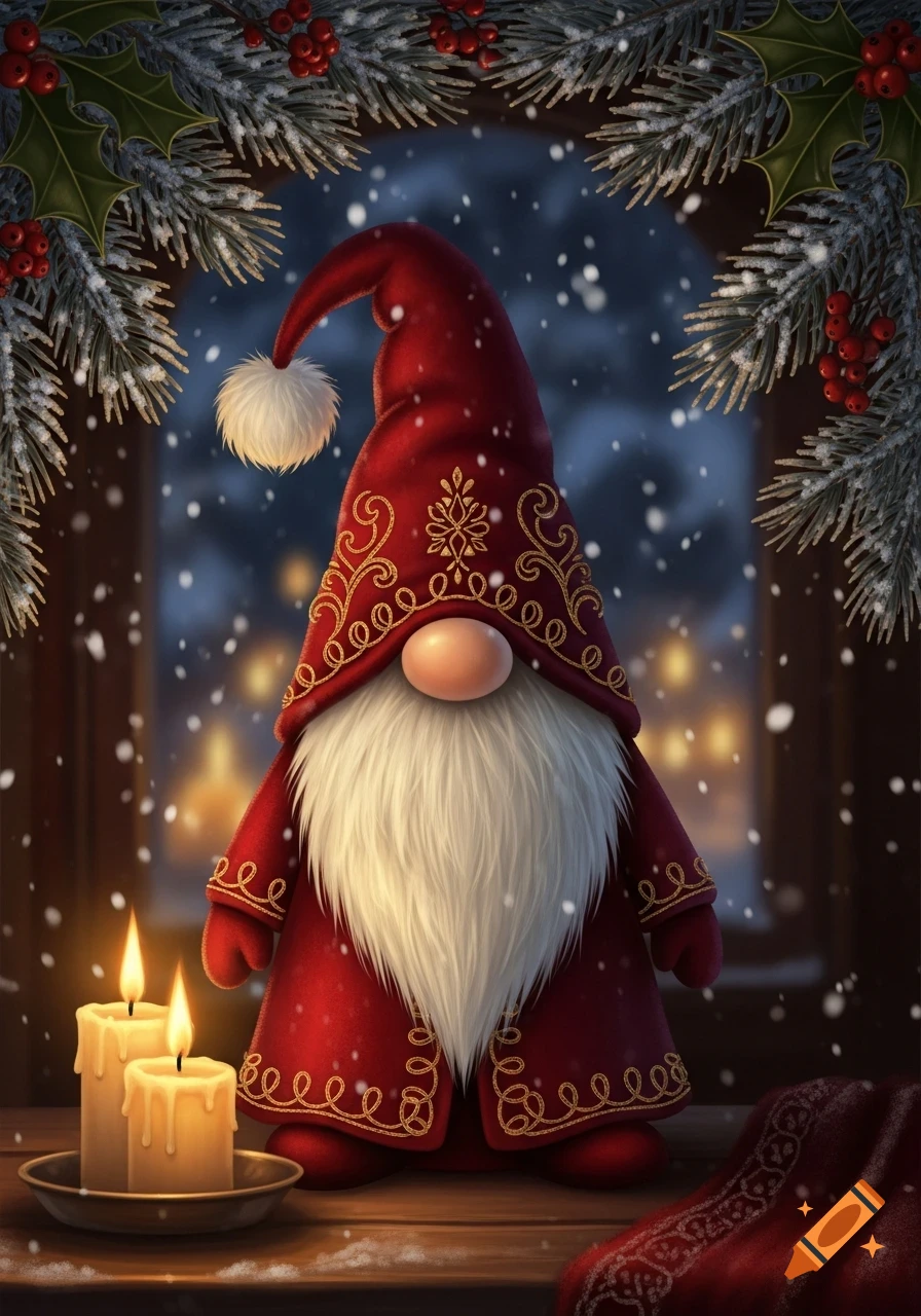 A festive Christmas gnome in a red suit and hat stands by two lit candles, with snow falling outside a window.