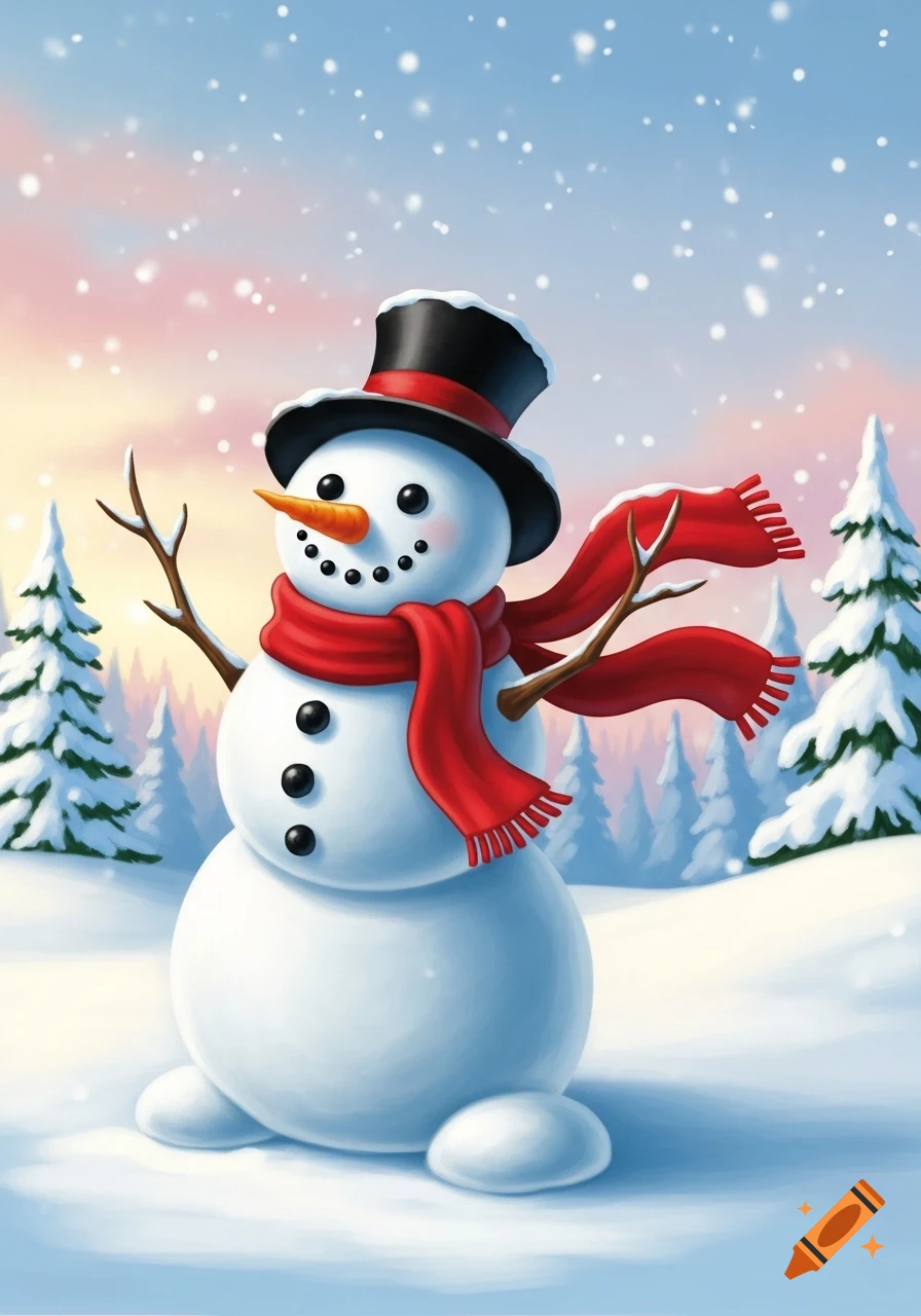 A cheerful snowman wearing a black top hat and red scarf stands in a snowy winter landscape with pine trees.