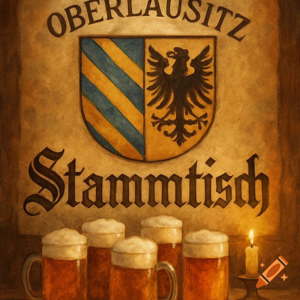 Vintage sign for 'Oberlausitz Stammtisch' featuring a coat of arms, five full beer mugs, and a lit candle, in a painted style.