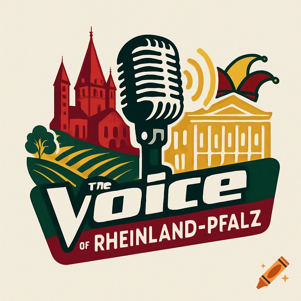 Stylized logo for 'The Voice of Rheinland-Pfalz' featuring a microphone, historical buildings, green hills, and a jester hat.