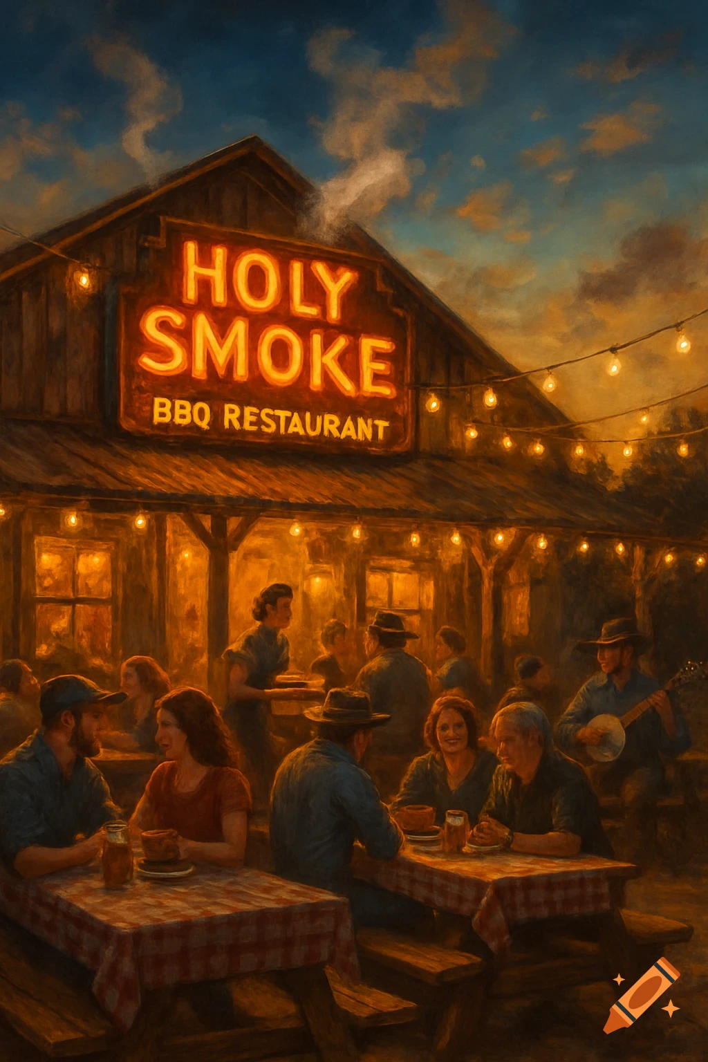 An outdoor evening scene at 'Holy Smoke BBQ Restaurant' with people dining at picnic tables under string lights, painted in a warm, textured style.