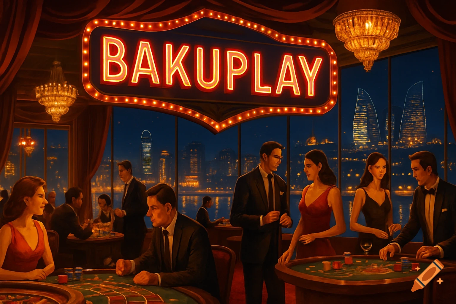 A digital painting of a luxurious casino interior at night, with people gambling at tables under a neon sign that reads "BAKUPLAY." City lights and modern skyscrapers, including the Flame Towers, are visible through large windows.