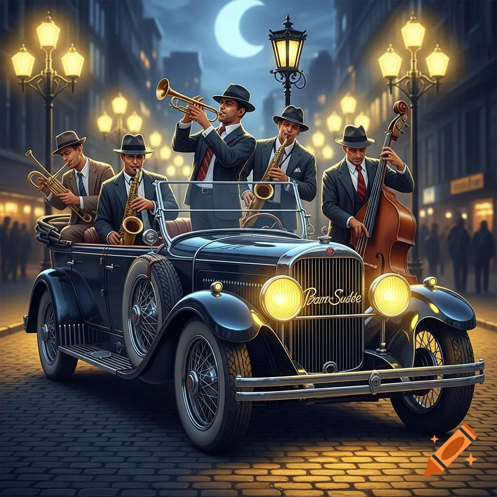 A jazz band in a vintage car playing instruments on a cobblestone street at night, with illuminated streetlights and a crescent moon.