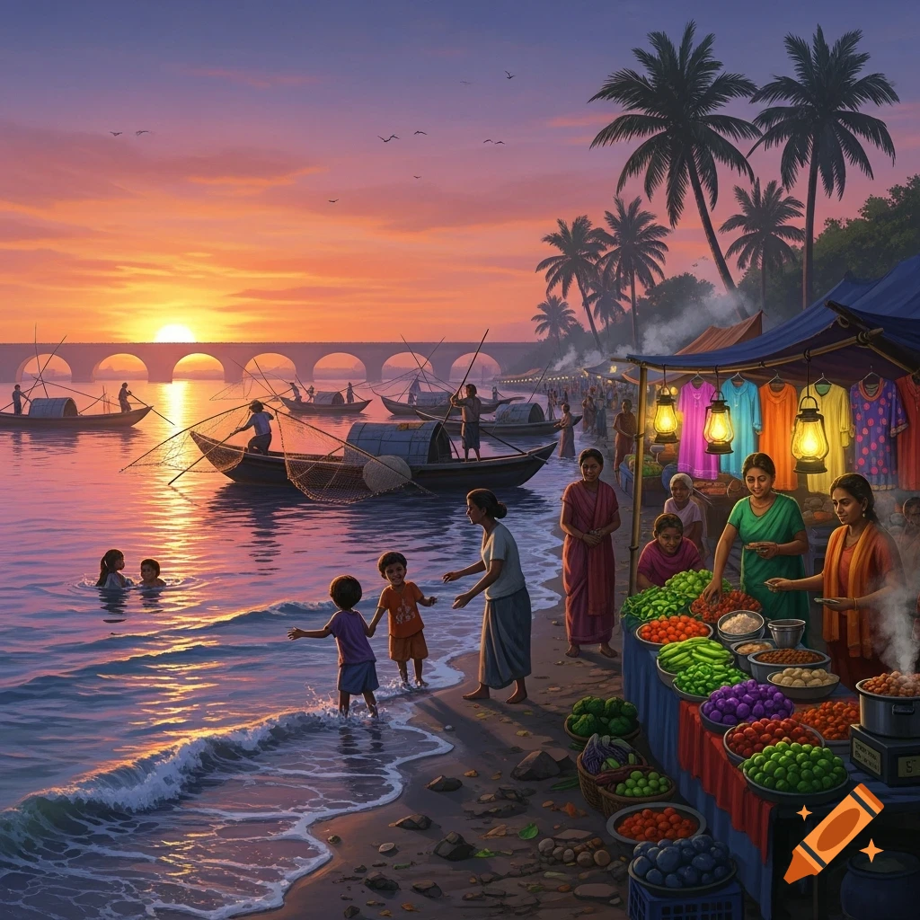 Vibrant sunset over a waterfront market with people, fishing boats, and a bridge in the background.