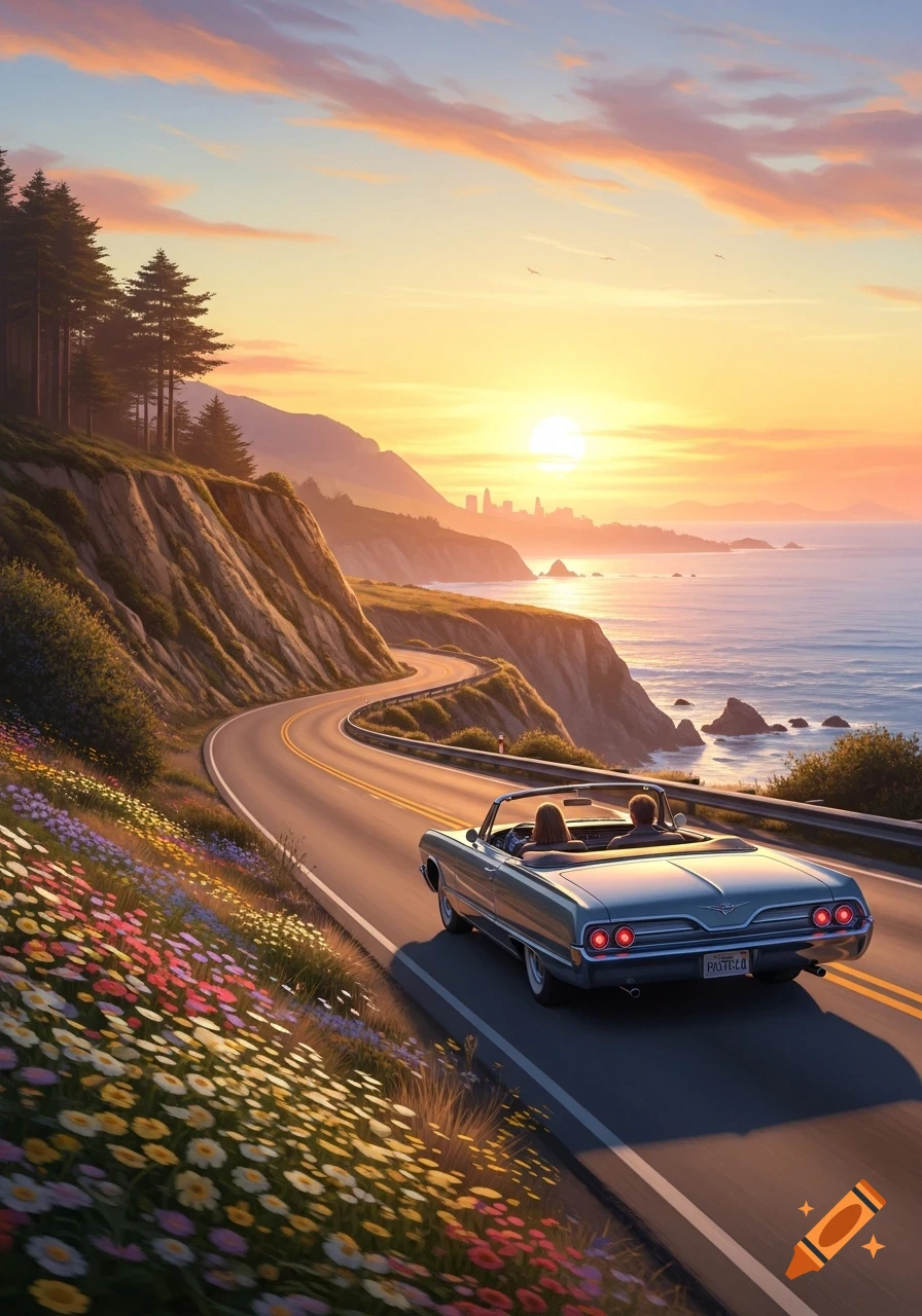 A convertible drives along a winding coastal road at sunset, with mountains and wildflowers beside the ocean.