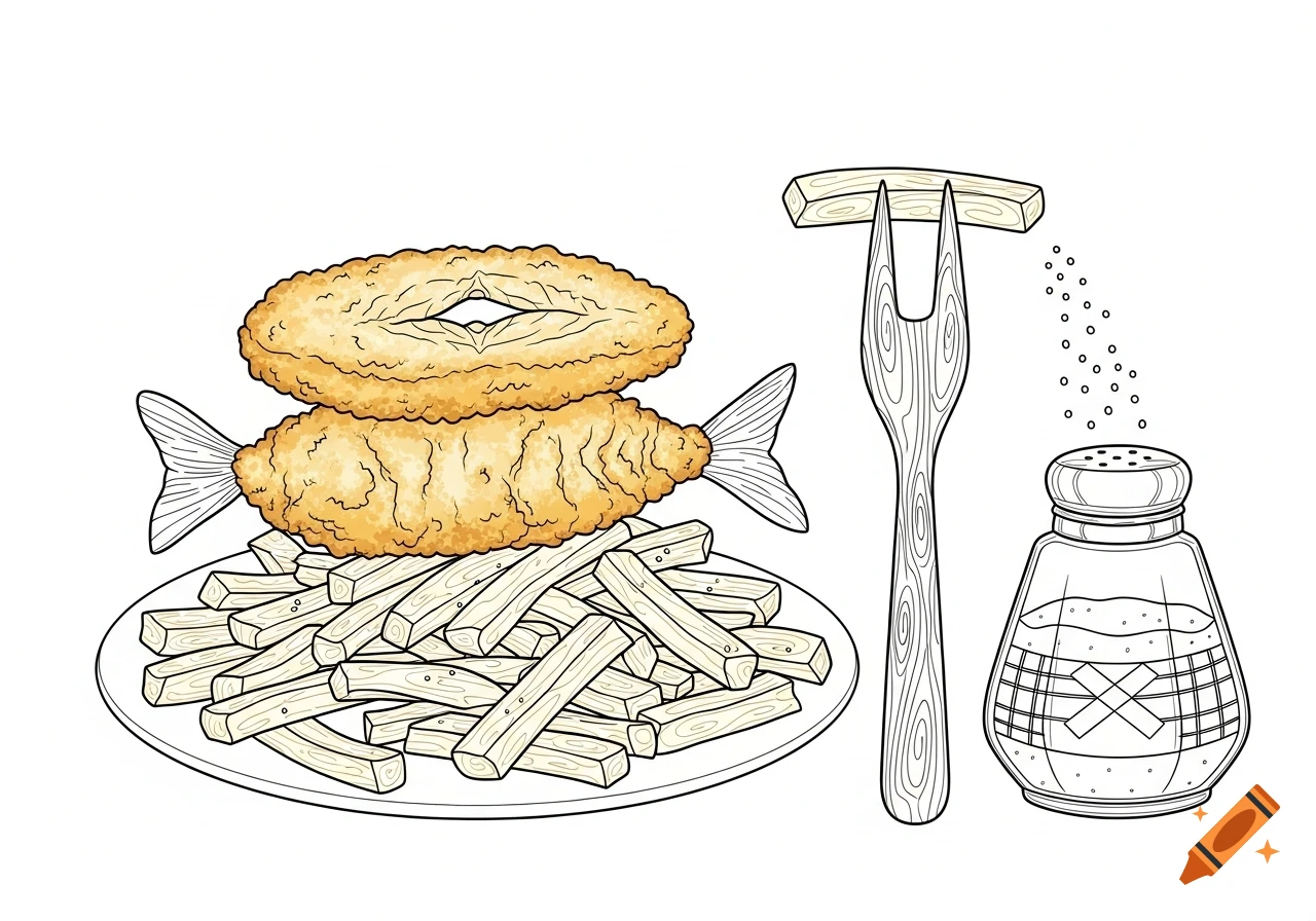 Vector style drawing of fish and chips with a salt shaker and a chip fork, in a coloring book outline style.