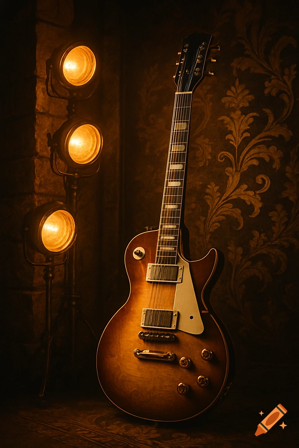 A sunburst electric guitar stands illuminated by three warm stage lights against a dark, patterned wall in a moody, photorealistic style.