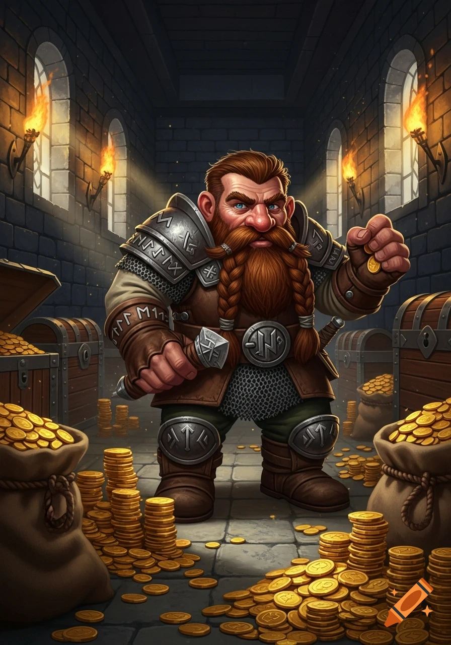 A bearded dwarf in armor stands in a dungeon vault, holding a gold coin amidst piles of treasure and chests.