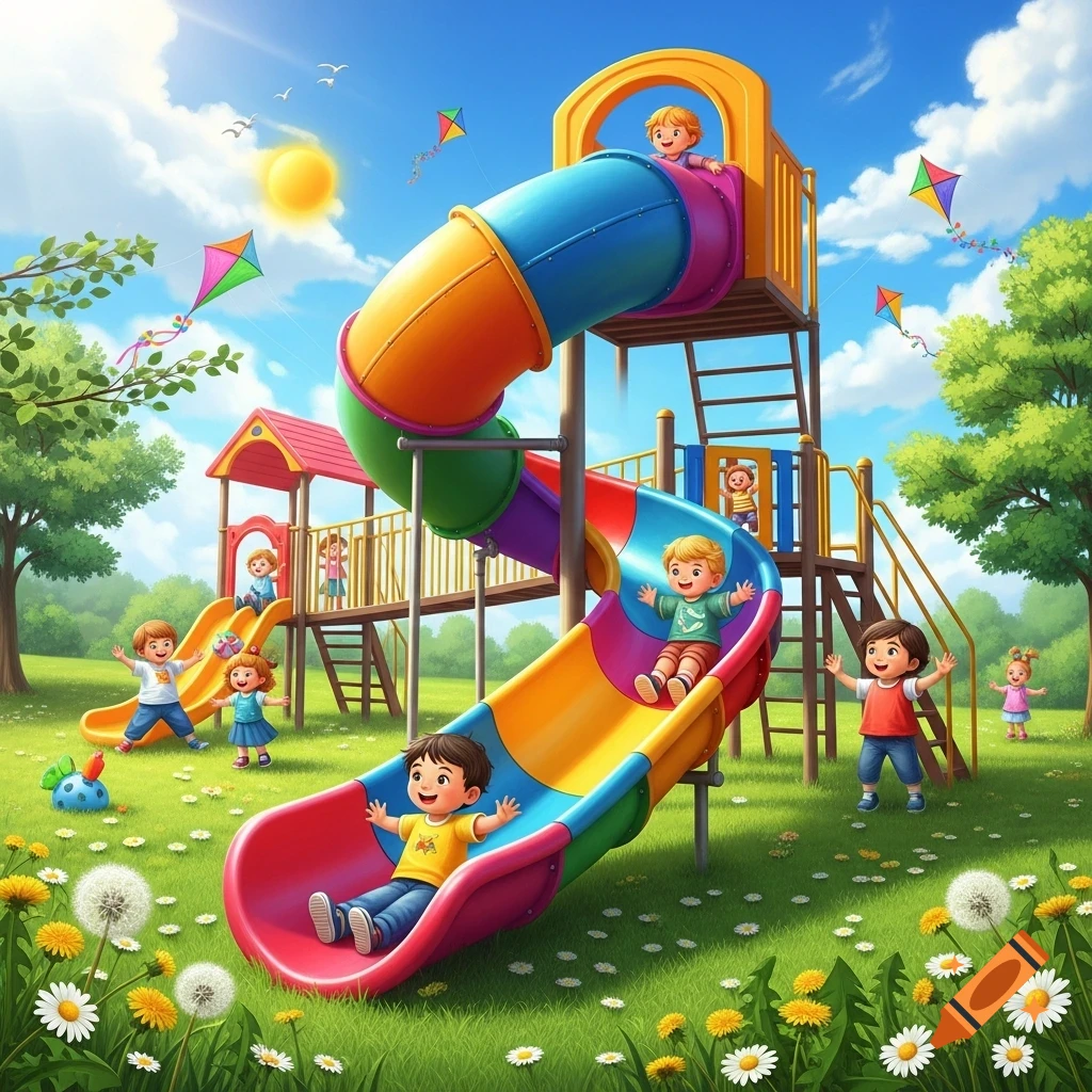 Colorful illustration of happy children playing on a large, multi-level playground with slides under a sunny sky.