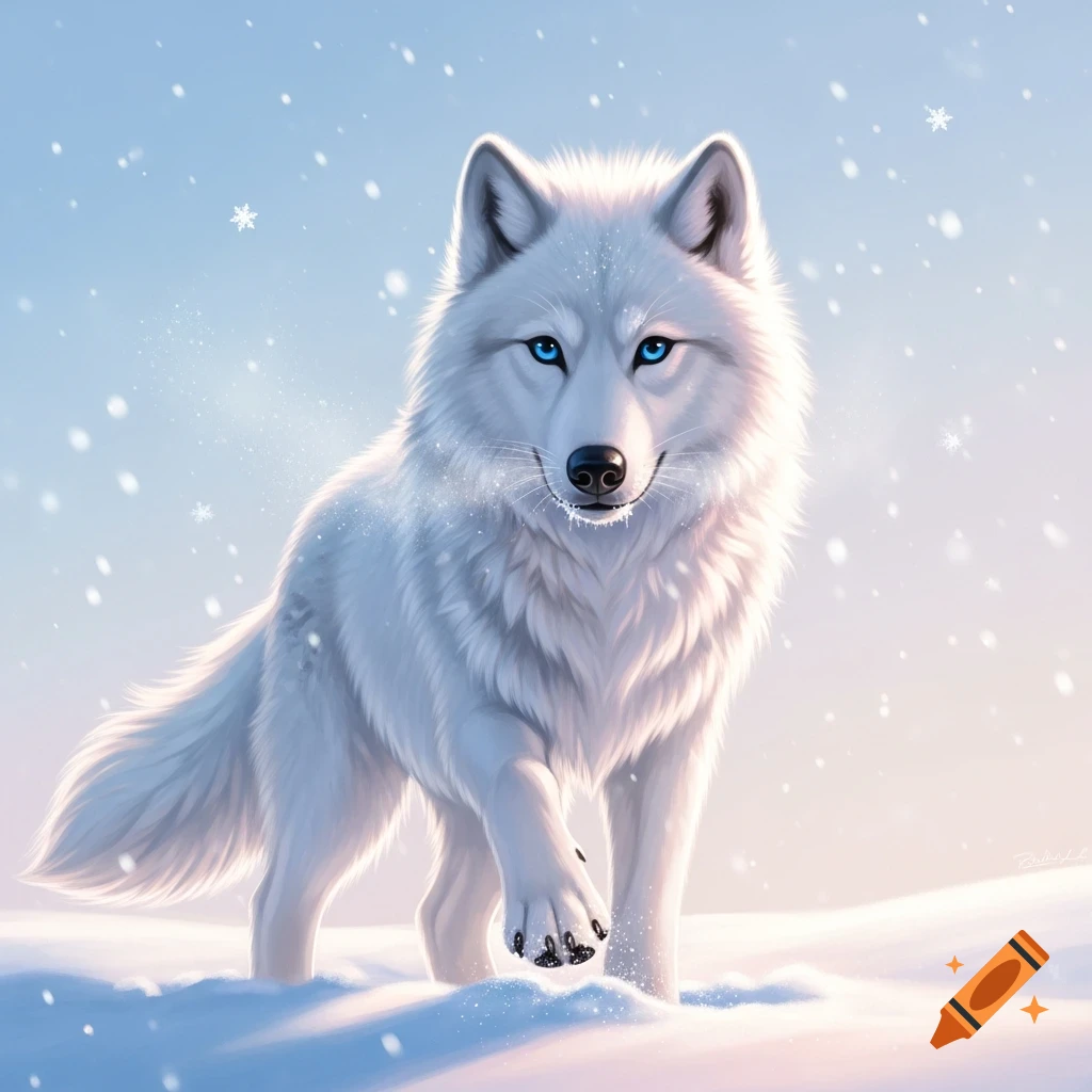 A beautiful white wolf with bright blue eyes stands in a snowy winter scene with falling snowflakes.