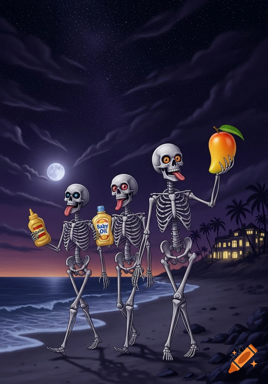 Three stylized skeletons with glowing eyes and tongues walk on a dark beach at night, holding mustard, baby oil, and a mango, with a full moon and a distant mansion.