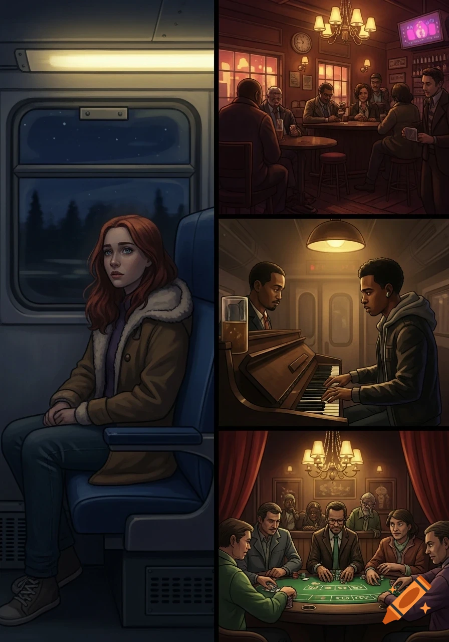 A stylized collage depicts a red-haired woman on a night train, people drinking in a bar, a man playing piano, and people playing cards in a casino.