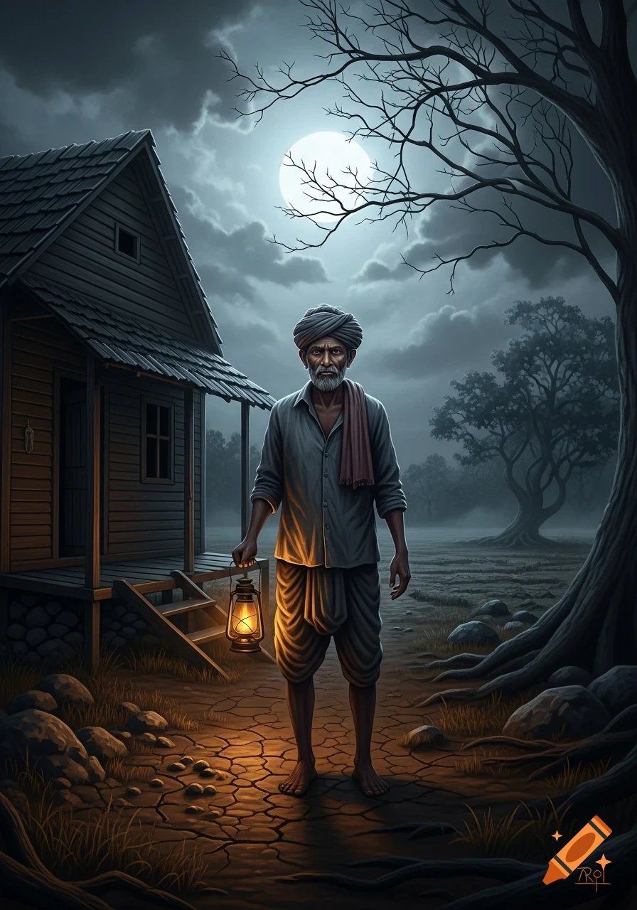 An old farmer holds a lantern outside a rustic house at night under a full moon, surrounded by dry fields and eerie trees in a dark, realistic style.