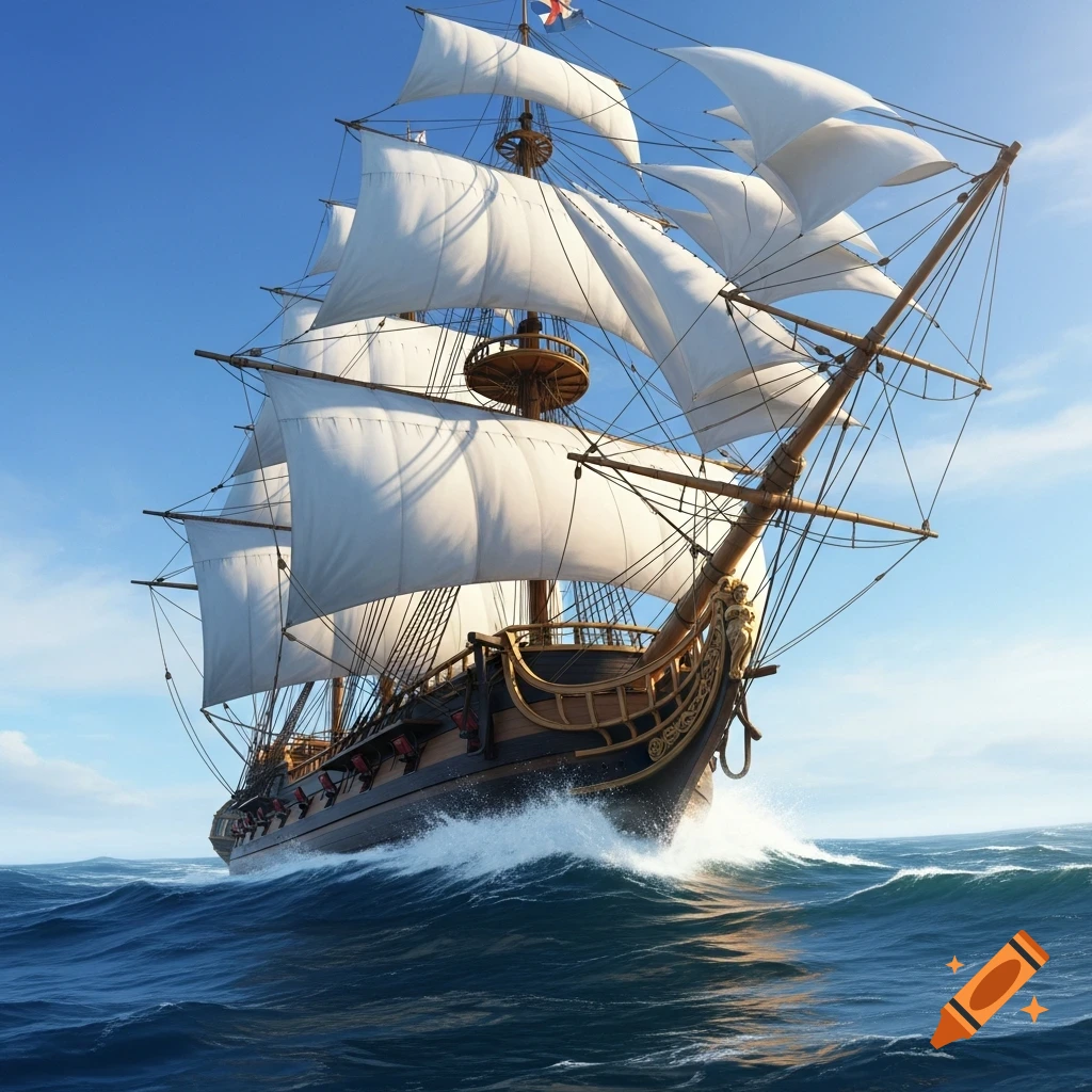 A majestic, fully-rigged sailing ship with white sails cutting through choppy blue ocean waves under a clear sky.