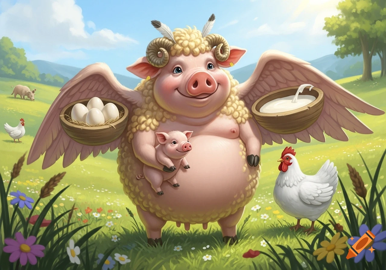 A whimsical, cartoon pig-sheep hybrid with ram horns and angel wings, holding a baby pig and carrying baskets of eggs and milk in a sunny, grassy field.