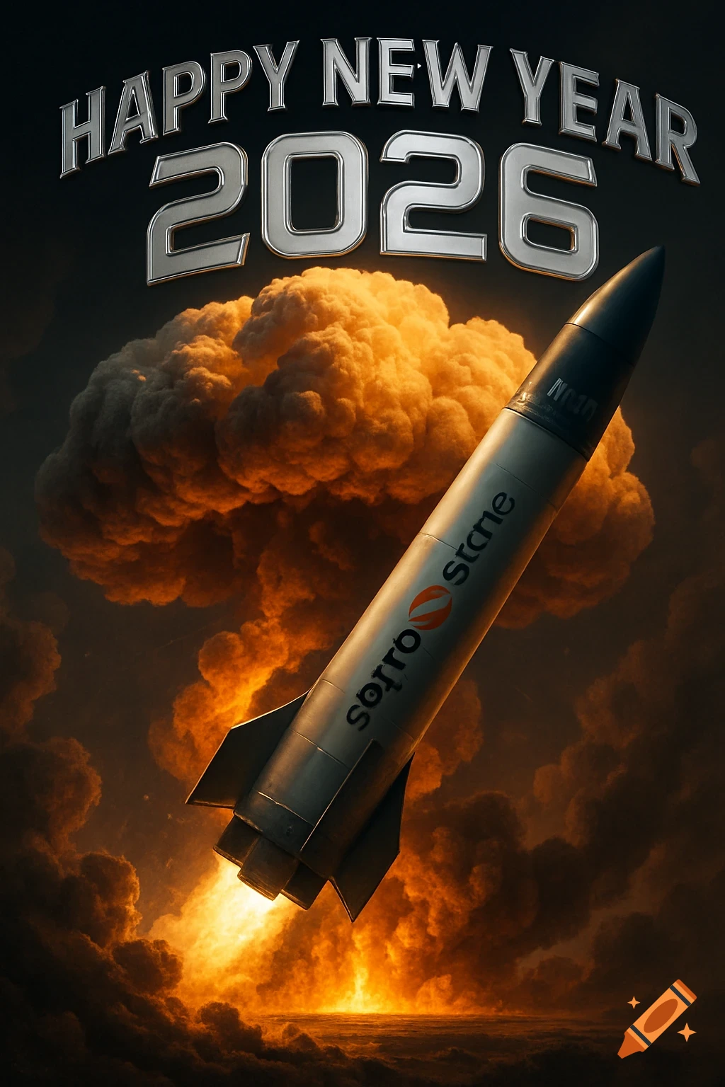 A silver rocket launches into a dark sky, with bright orange flames and smoke billowing below. Above, silver text reads "HAPPY NEW YEAR 2026".