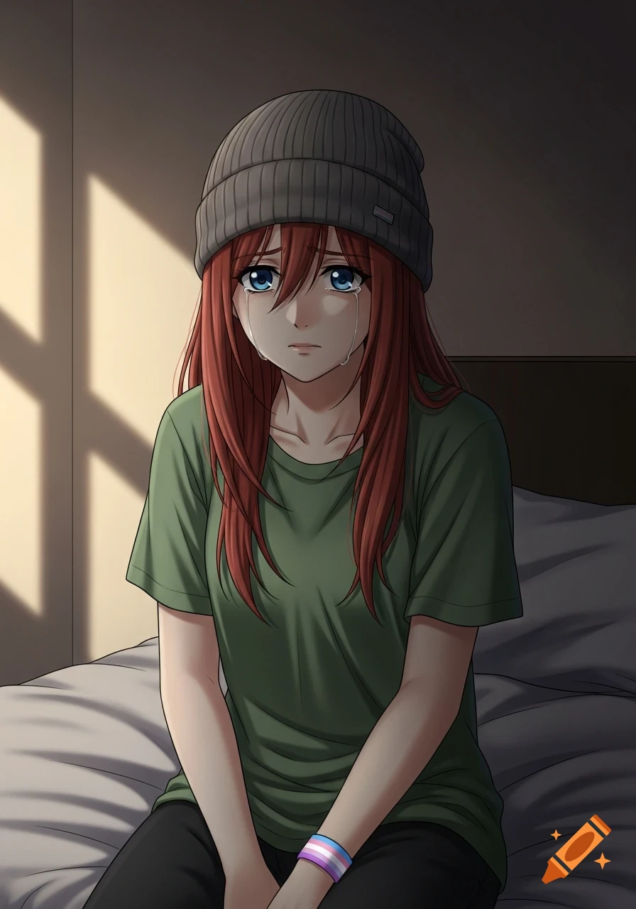Anime-style woman with red hair and a beanie, wearing a green t-shirt and a trans pride bracelet, crying on a bed.