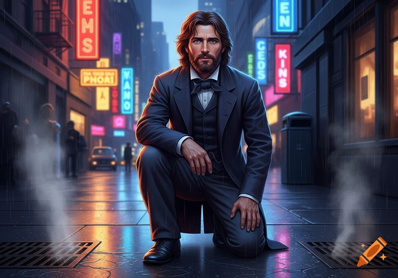 A man with brown hair and a beard, dressed in a dark suit, kneels on a wet city street at night, with neon signs reflecting in puddles.