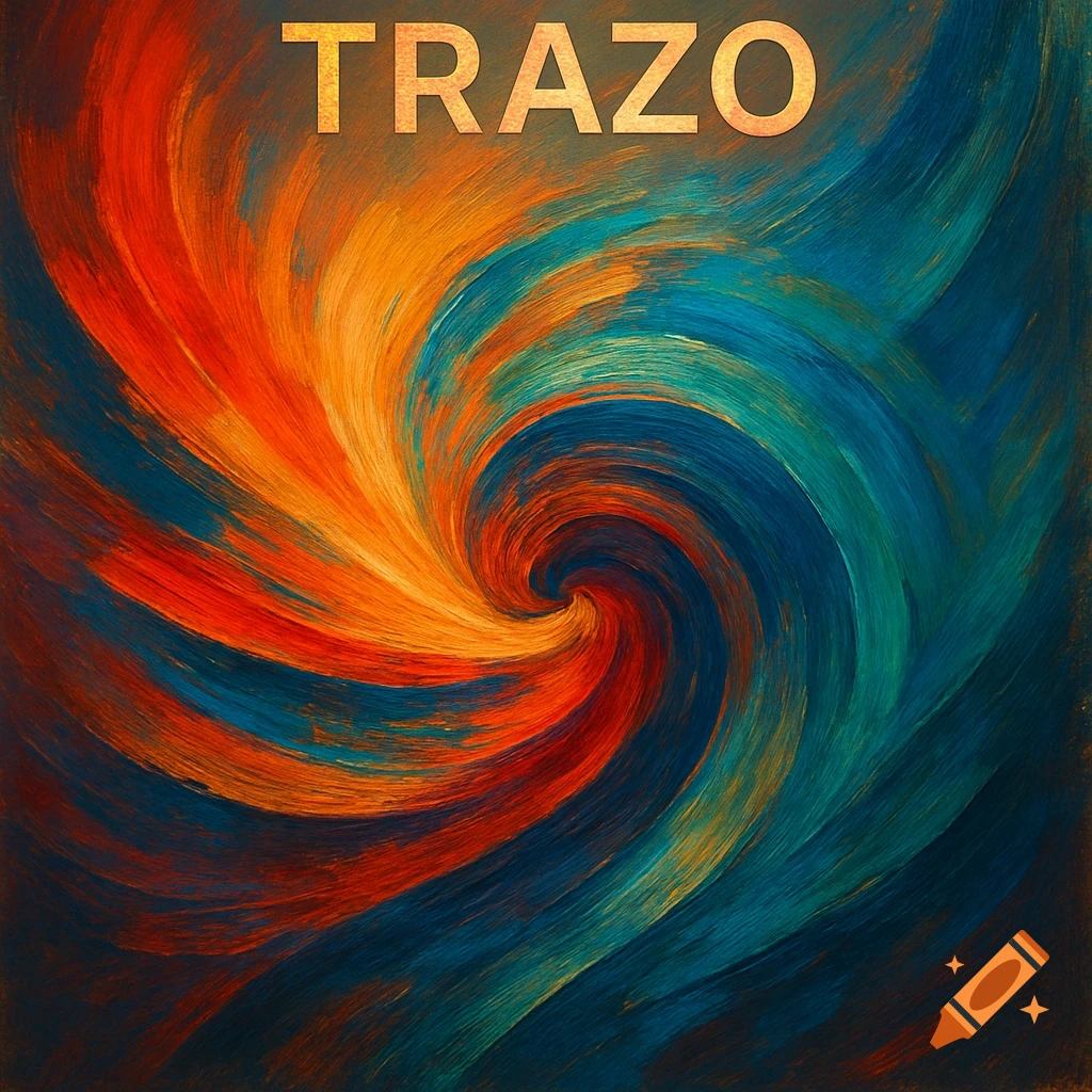 Abstract painting with a swirling vortex of red, orange, and blue brushstrokes, with "TRAZO" text at the top.