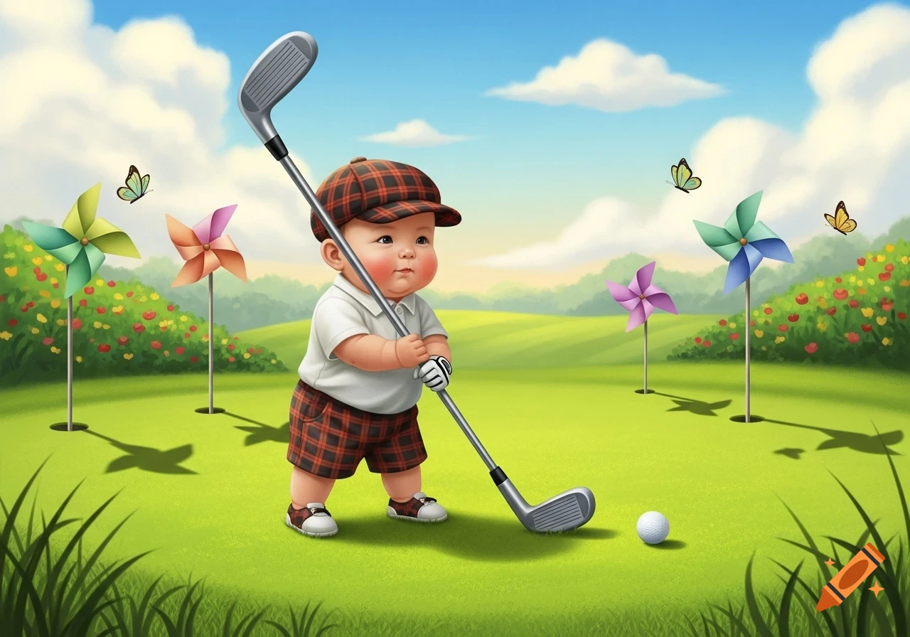 A cute cartoon baby in a plaid outfit and cap holds a golf club, standing on a green golf course with a golf ball, colorful pinwheels, and butterflies under a blue sky.