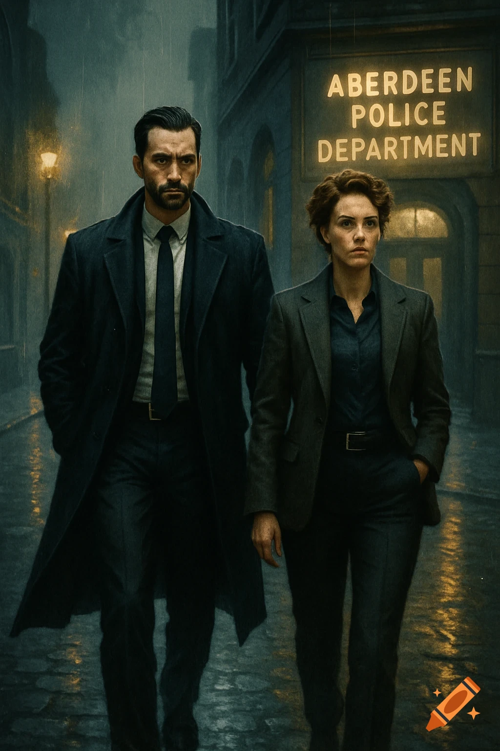 Two stern detectives in coats walk down a rainy city street at night, with a glowing "Aberdeen Police Department" sign in the background. Photorealistic style.