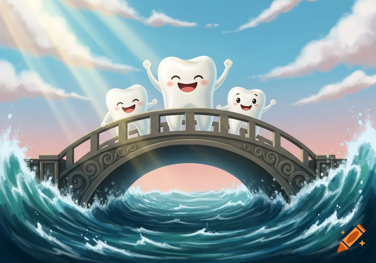 Three happy, smiling cartoon teeth stand on a bridge over wavy blue water under a bright, cloudy sky.