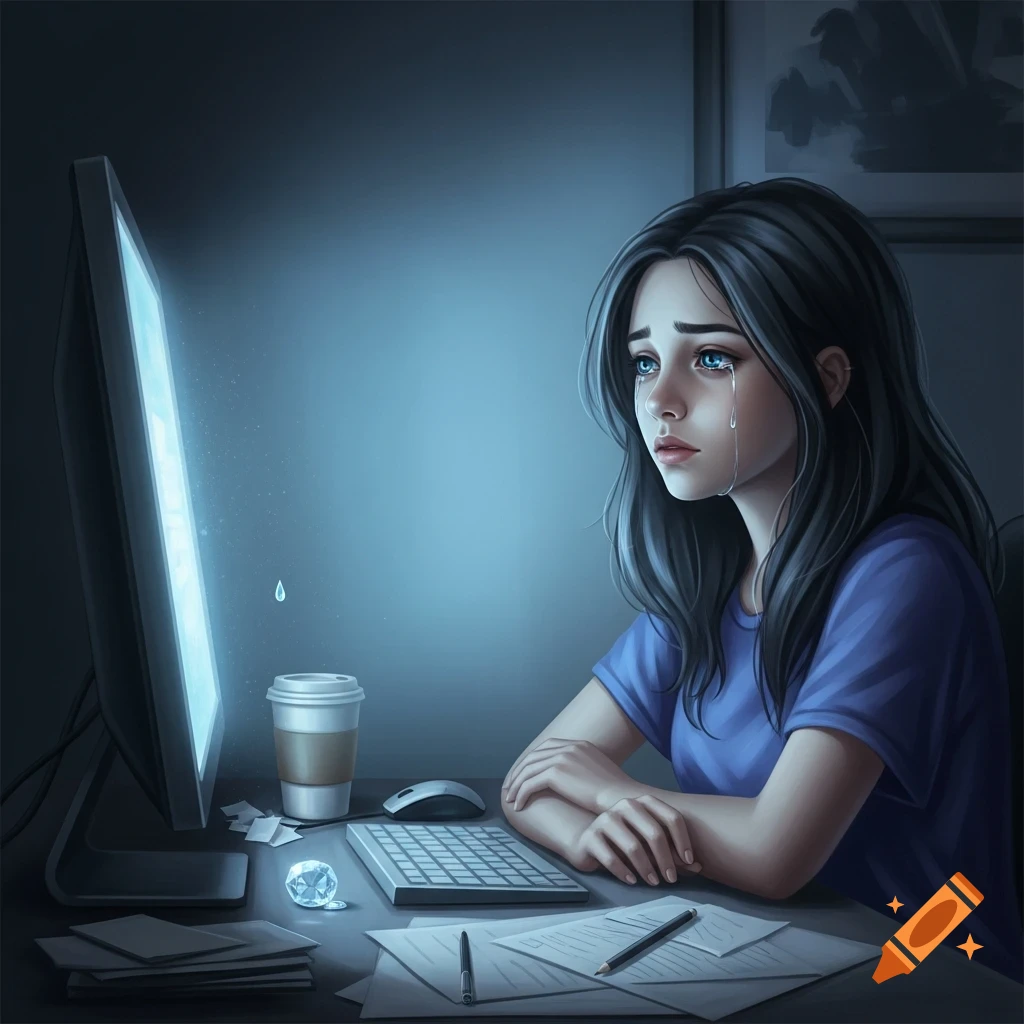 A young girl with dark hair cries while looking at a glowing computer screen in a dark room, with papers and a coffee cup on the desk.