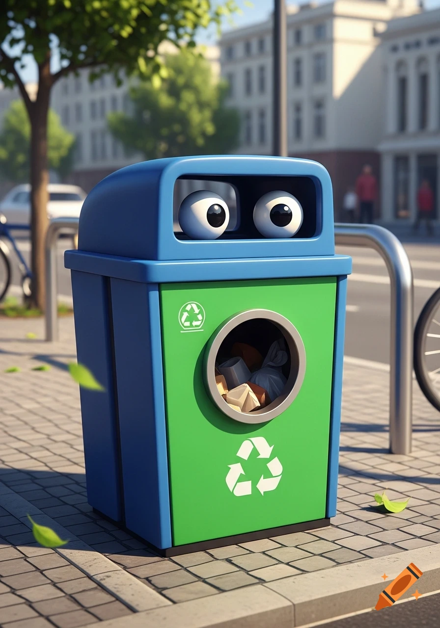 A blue and green recycling bin with large googly eyes and a circular mouth full of trash stands on a city sidewalk.