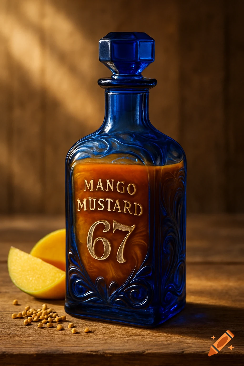 A photorealistic image of a blue glass bottle of mango mustard labeled '67', with a mango slice and mustard seeds on a wooden table.