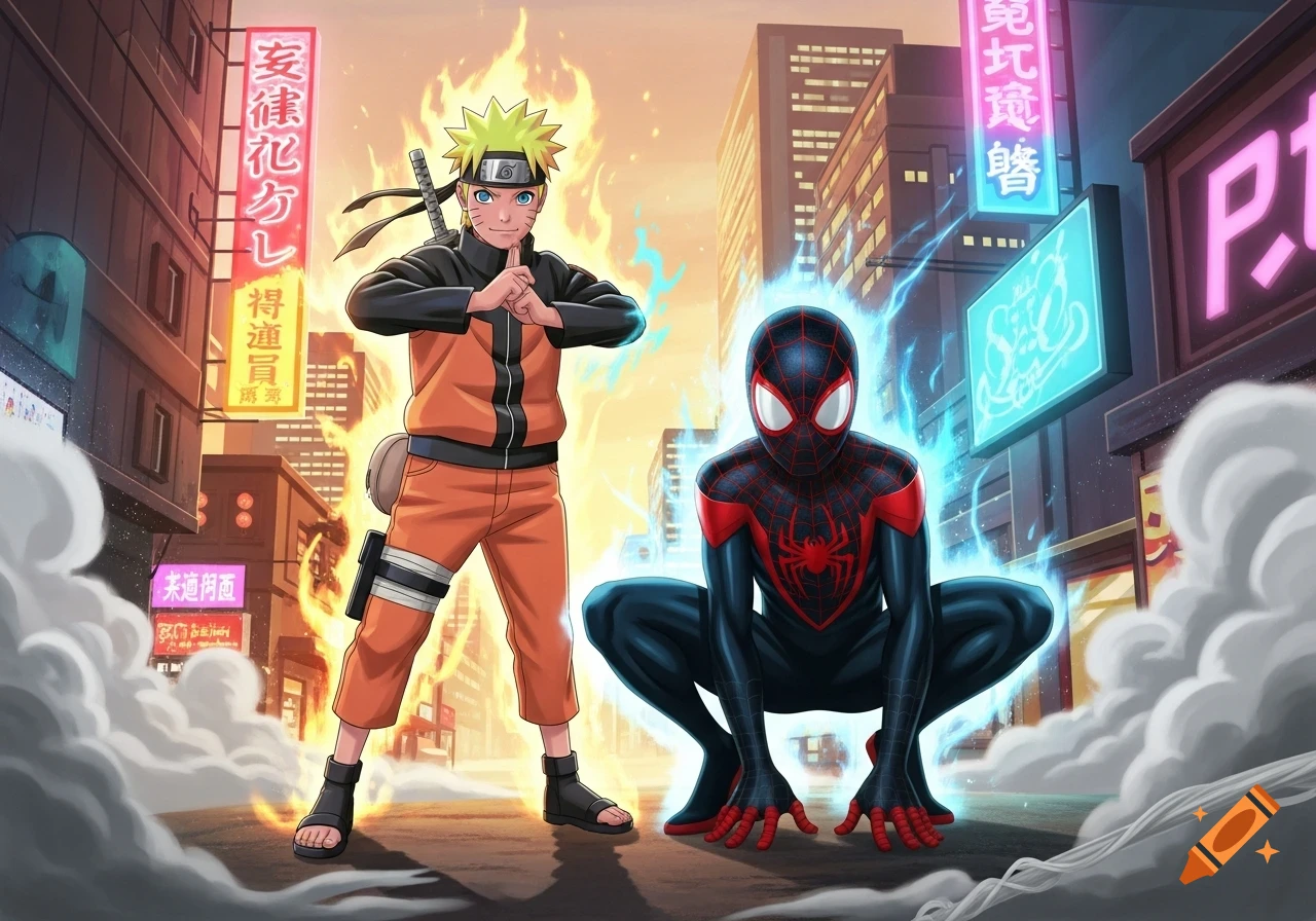 Naruto and Miles Morales stand ready in a stylized neon cityscape, surrounded by flames and electrical energy.