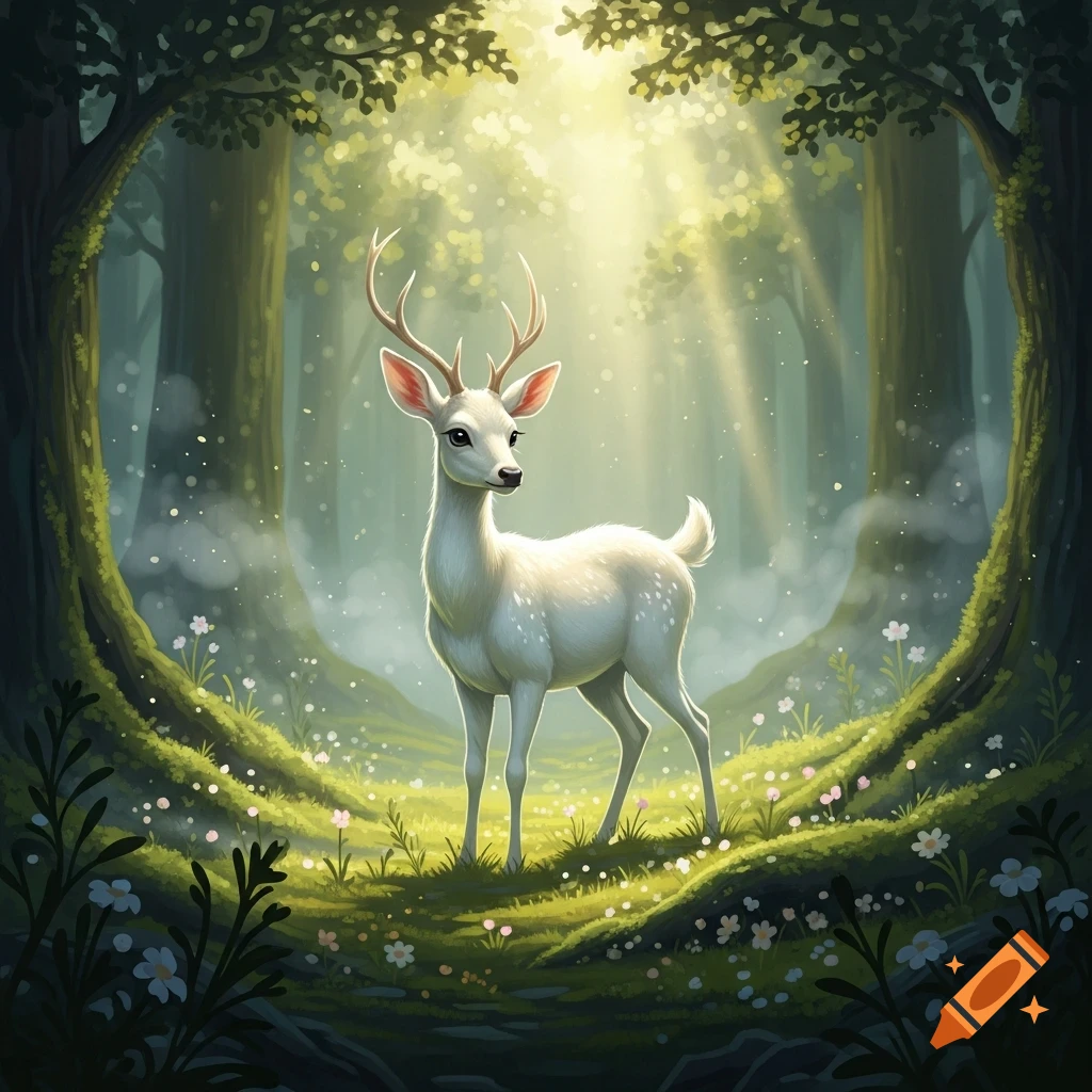 A magical white deer stands in a sunlit forest clearing, surrounded by ...