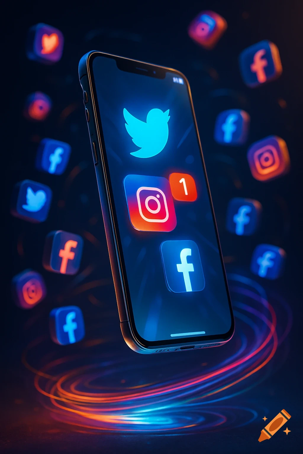 A smartphone displaying glowing social media logos for Twitter, Instagram, and Facebook, surrounded by floating app icons and colorful light trails.