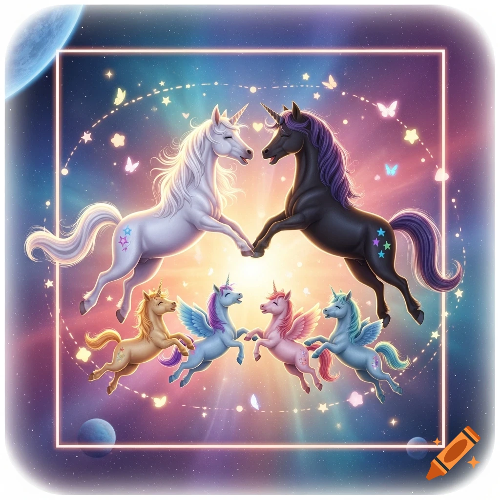 Two adult unicorns and three winged baby unicorns float and dance happily in a magical, colorful cosmic background with stars, planets, and butterflies.
