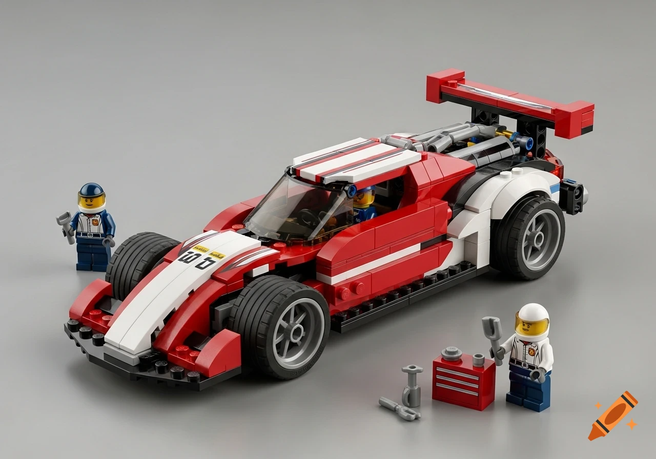 A detailed red and white Lego race car with a large spoiler, accompanied by two Lego mechanic minifigures on a gray background.