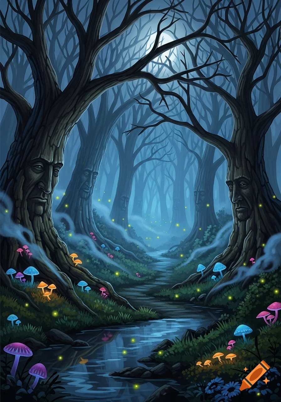Dark fantasy forest with ancient trees featuring carved faces, glowing ...