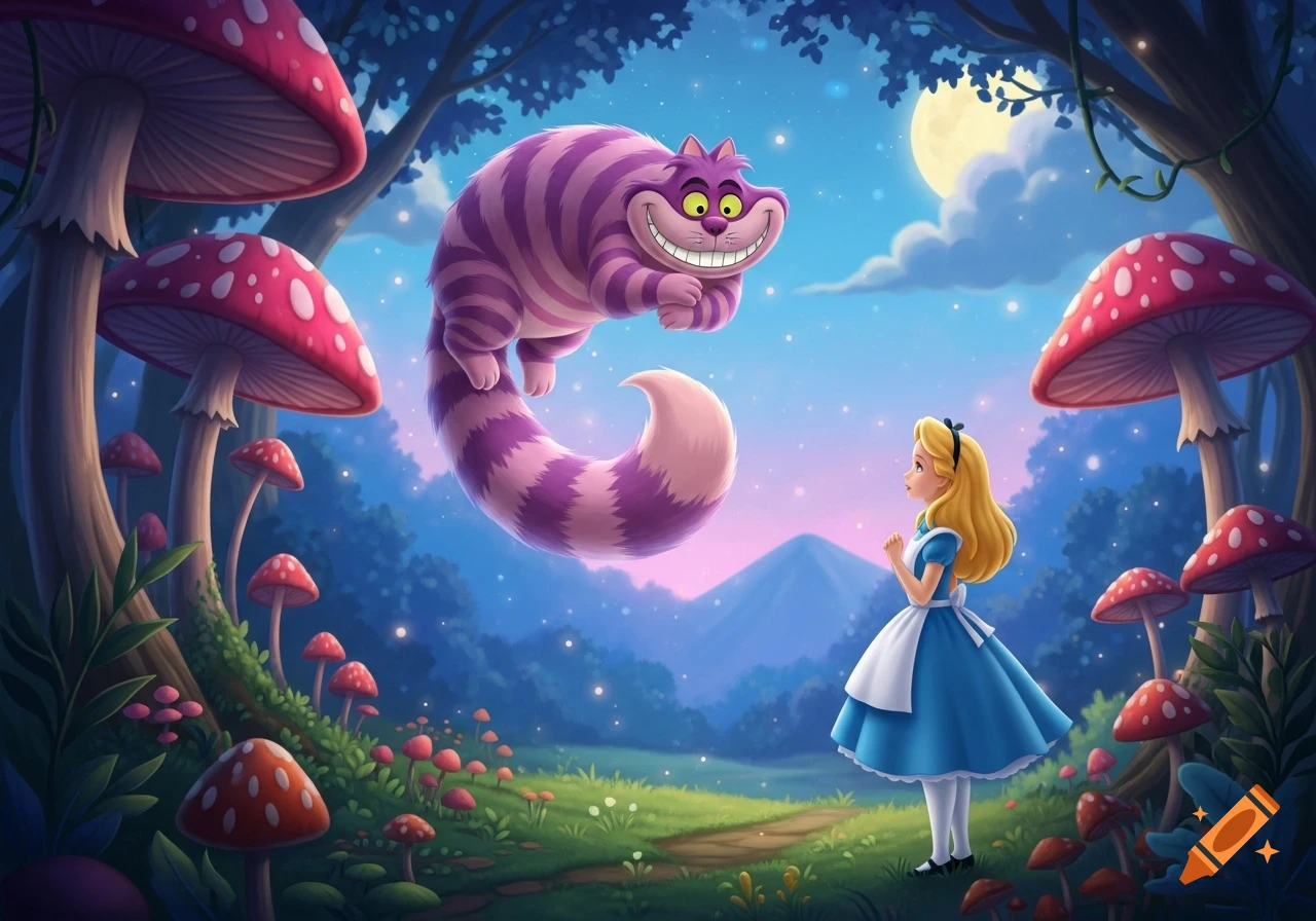 Alice in Wonderland looking at the floating Cheshire Cat in a whimsical forest with giant mushrooms under a full moon.