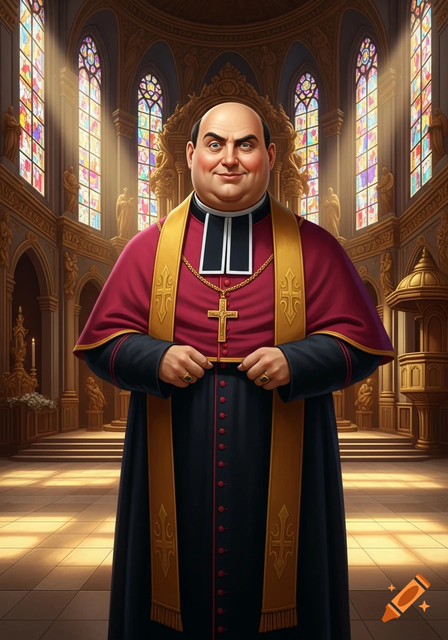 A smiling, stout bishop or priest in a burgundy cassock and gold stole stands in a grand church with stained glass windows.