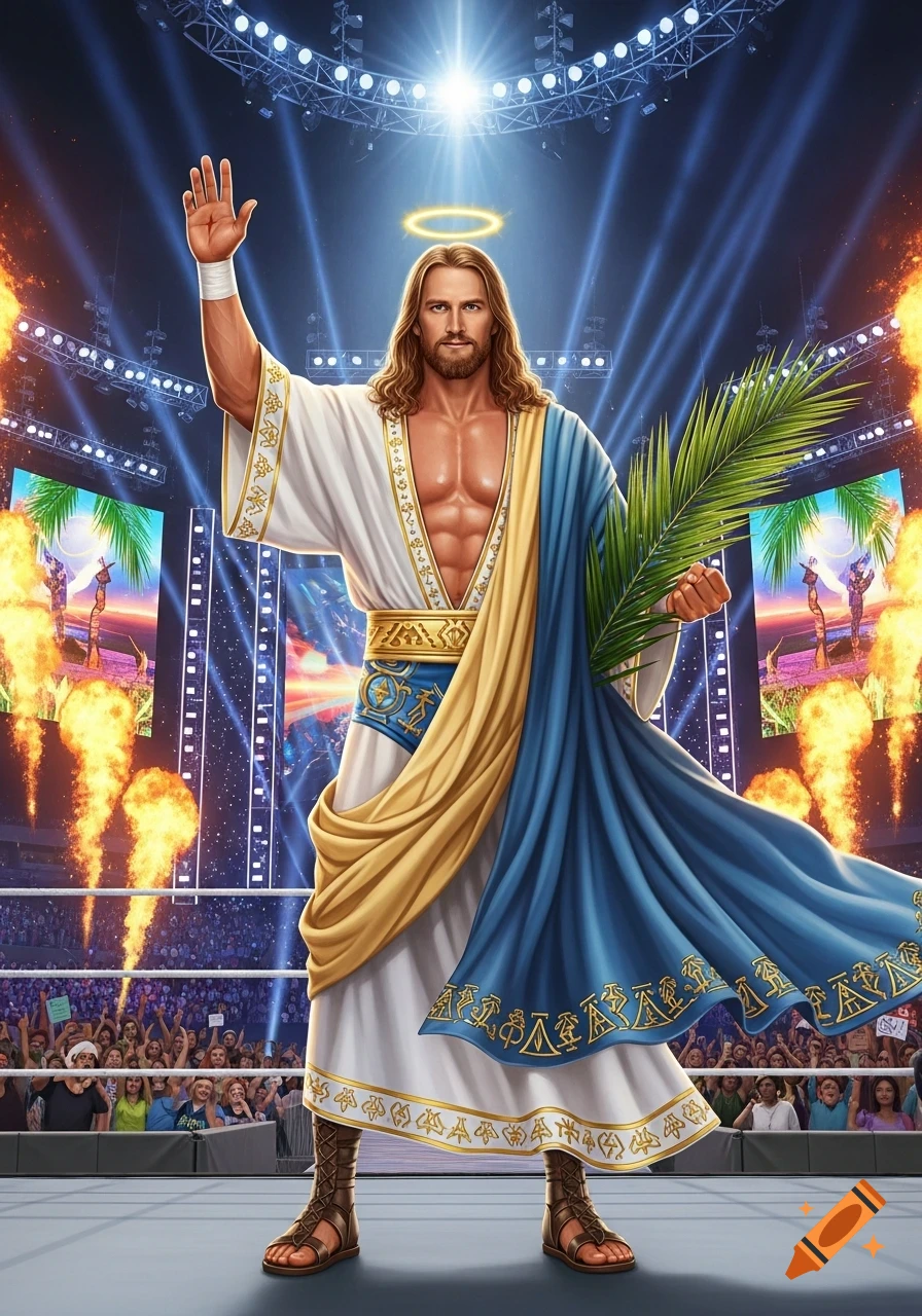 Muscular Jesus in a white and blue robe, with a halo and palm frond, stands in a brightly lit wrestling ring with crowds, fire, and large screens.