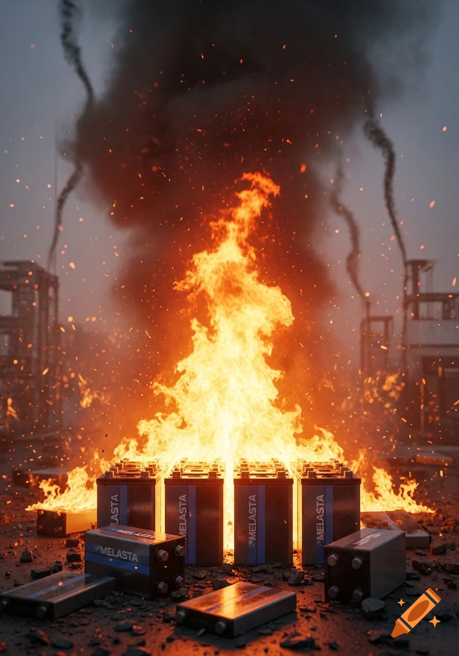 Photorealistic image of Melasta battery cells engulfed in flames with thick black smoke in an industrial setting.