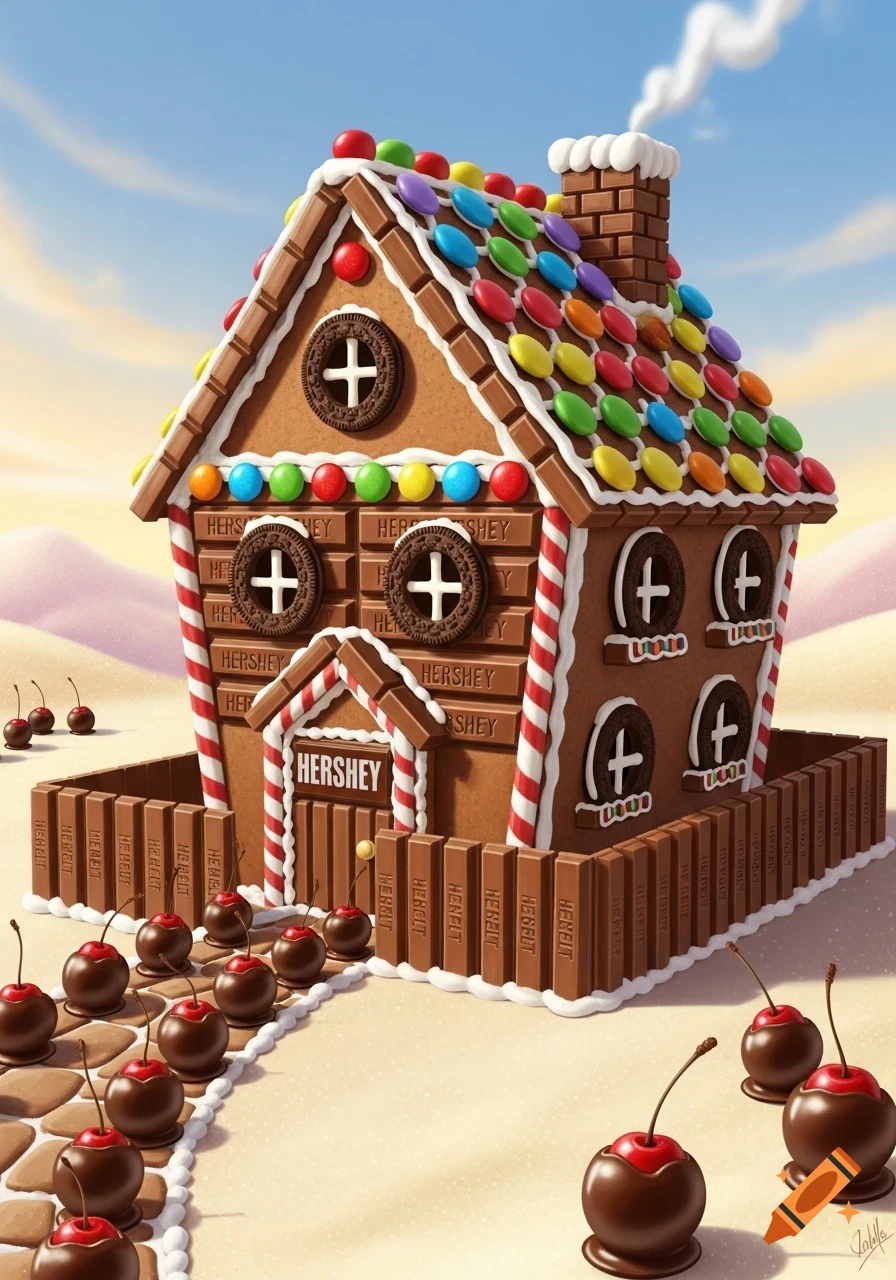 A whimsical gingerbread house made of candy with a Smarties roof, Oreo windows, Hershey bar walls, Kit Kat fence, and a chocolate cherry path.
