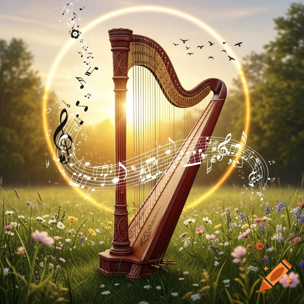 A wooden harp stands in a sunlit meadow filled with wildflowers, surrounded by floating musical notes and a golden glowing ring, with birds flying in the distant sky.