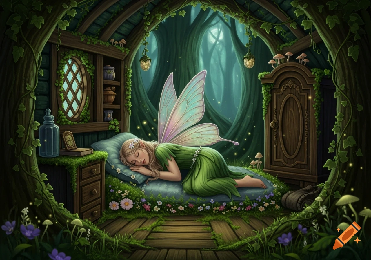 A blonde fairy with large iridescent wings sleeps on a flower-covered bed inside a cozy, moss-filled forest hut.