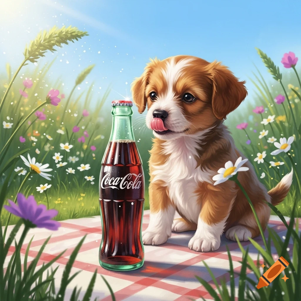 A cute brown and white puppy licks its nose while sitting next to a Coca-Cola bottle on a picnic blanket in a sunny meadow.